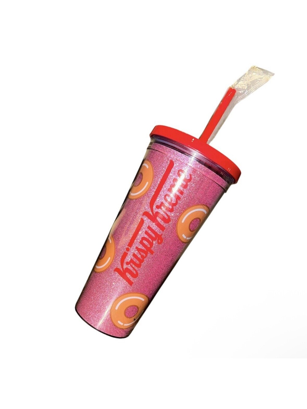 Krispy Kreme KK205592 Valentine Pink Glitter Donut Acrylic Tumbler Cup Straw New
